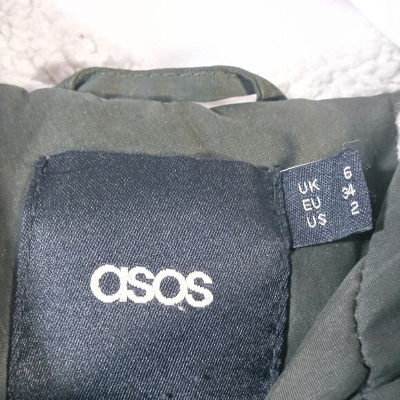 Asos Army Green Utility Jacket Quilted Liner Sherpa lined Hood Size 2 - Picture 5 of 13